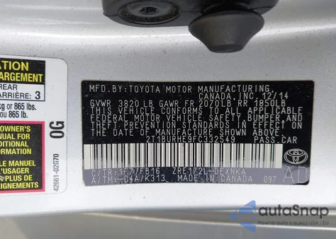 2015 Toyota Corolla Le z USA, uszkodzony, nr VIN 2T1BURHE9FC332549